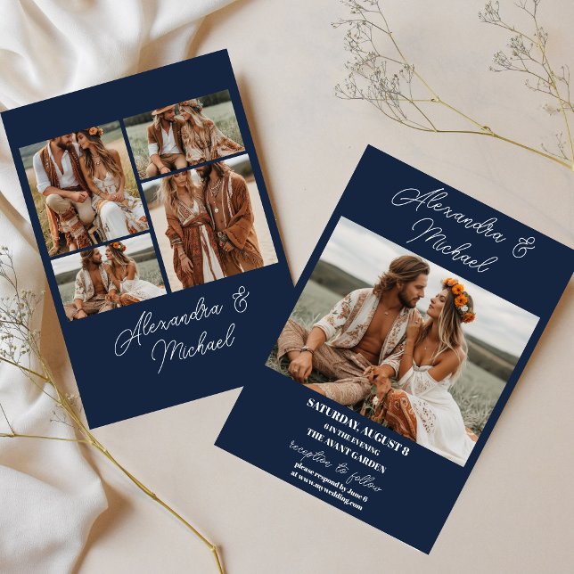 Navy blue 4 photo grid wedding invitation (Creator Uploaded)