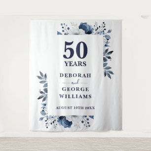 Navy Blue 50th Anniversary Photo Booth Backdrop Tapestry