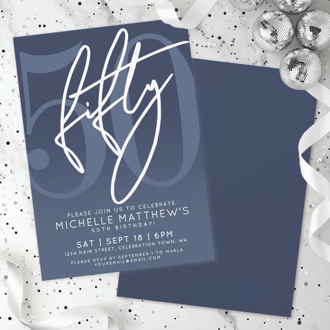 Navy Blue 50th Birthday Party Invitation (Navy Blue 50th Birthday Party Invitation)