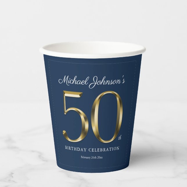 Navy Blue 50th Birthday Solid Gold Masculine Paper Cups (Front)