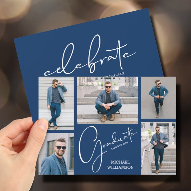Navy Blue 5 Photo Graduation Party Invitation (Creator Uploaded)