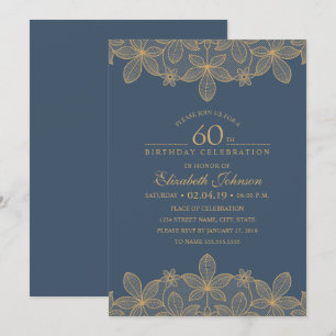 Navy Blue 60th Birthday Party Unique Golden Lace Invitation