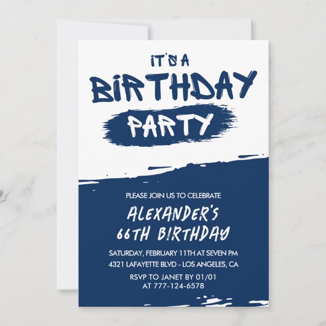Navy Blue 66th birthday invitations Men Graffiti  (Front)