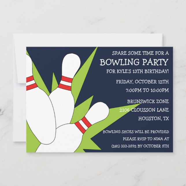 Navy Blue 7-10 Split Bowling Birthday Party Invitation (Front)