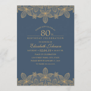Navy Blue 80th Birthday Party Unique Golden Lace Invitation