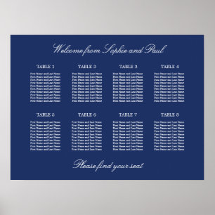 Navy Blue 8 Table Wedding Seating Chart Poster