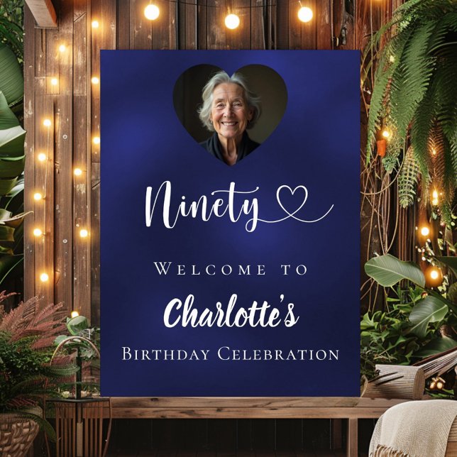 Navy blue 90th birthday party photo heart welcome poster (Creator Uploaded)