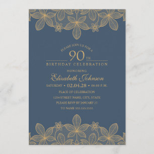 Navy Blue 90th Birthday Party Unique Golden Lace Invitation