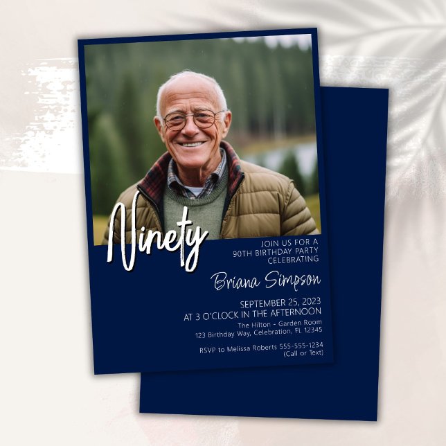 Navy Blue 90th Birthday Photo Invitation (Creator Uploaded)