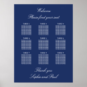 Navy Blue 9 Table Wedding Seating Chart Poster