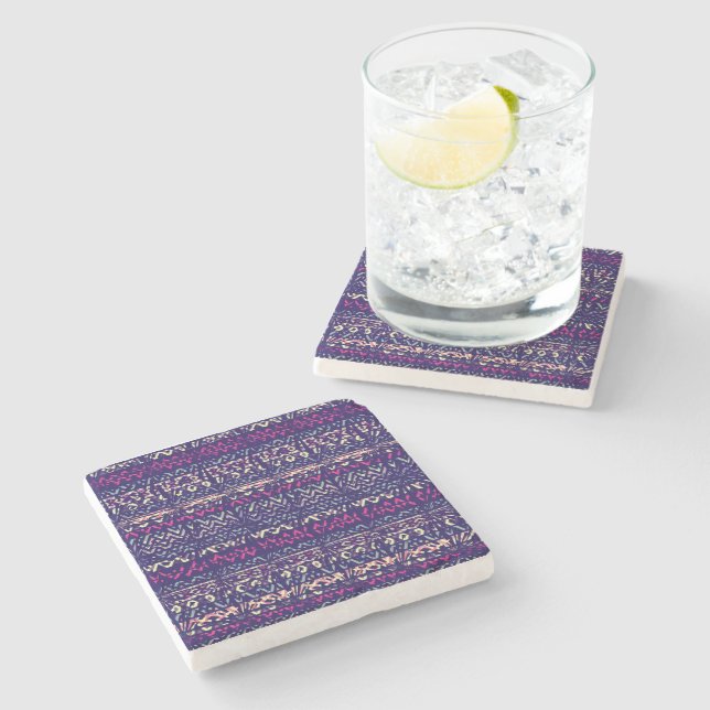 Navy Blue Abstract Aztec Tribal Pattern Stone Coaster (Side)