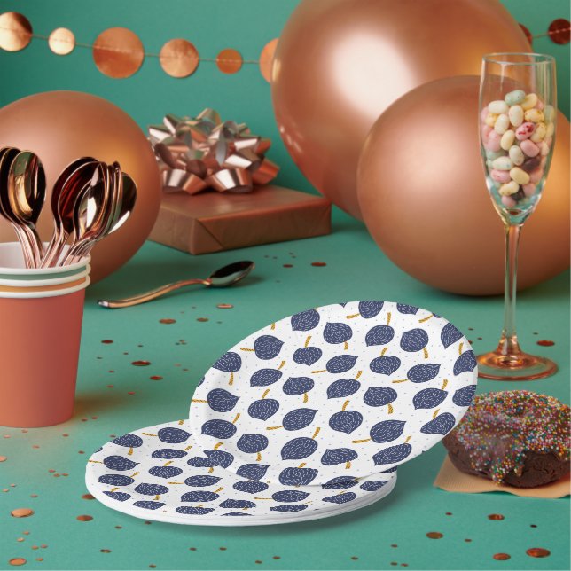 Navy Blue Abstract Flying Bomb Fruit Pattern Paper Plate (Multi)
