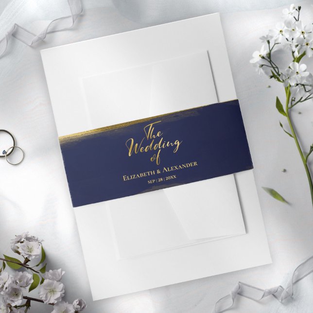 Navy Blue Abstract Watercolor Gilded Wedding Invitation Belly Band (Creator Uploaded)