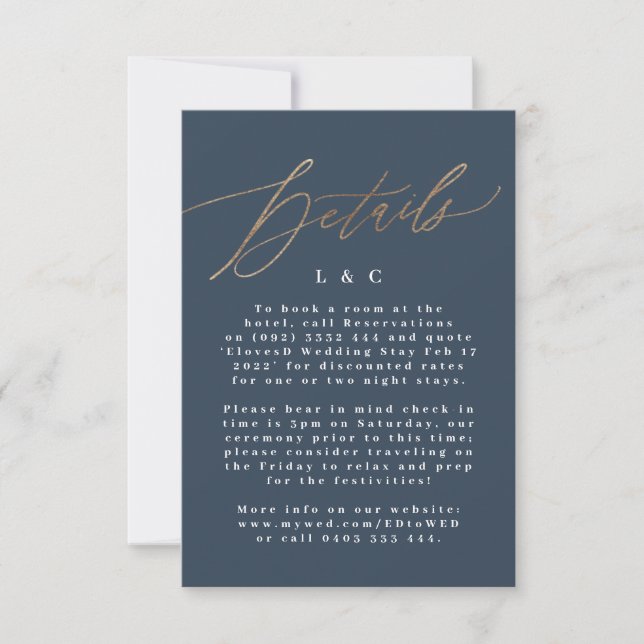 Navy Blue Accommodation Gold Wedding Details Cards (Front)