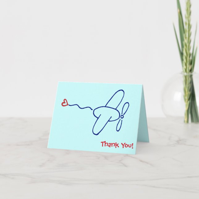 Navy Blue Aeroplane with Red Heart Thank You Note Card (Front)