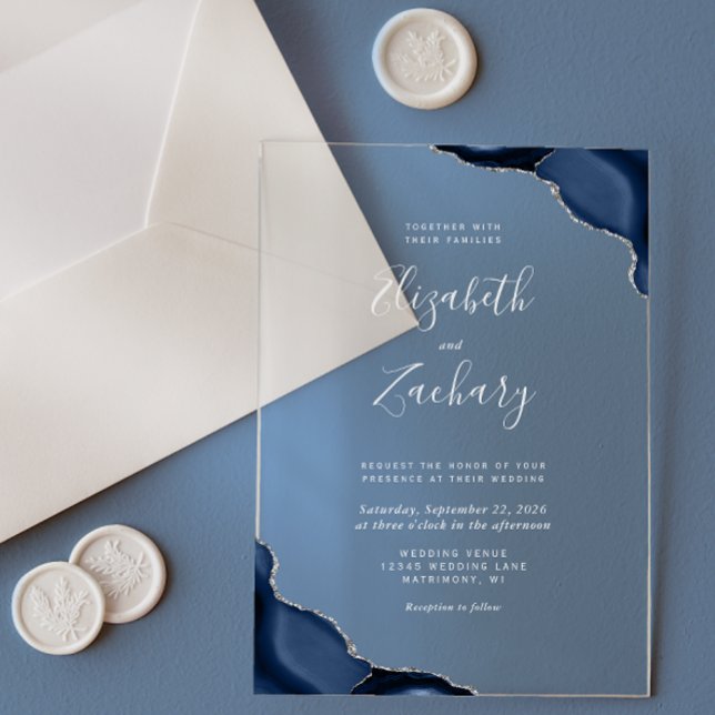 Navy Blue Agate Corners Silver Grey Text Wedding Acrylic Invitations (Creator Uploaded)