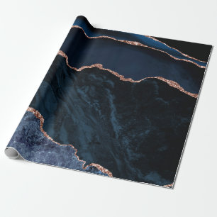 Navy Blue Agate Faux Rose Gold Glitter Wrapping Paper