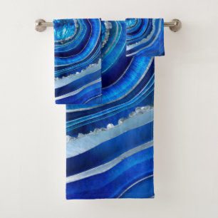 Navy Blue Agate Geode Digital art Bath Towel Set