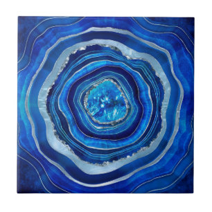 Navy Blue Agate Geode Digital art Ceramic Tile