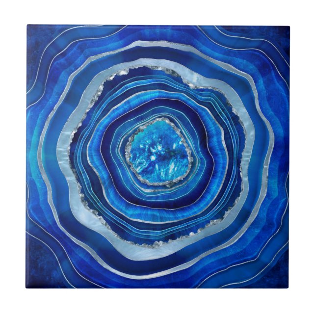 Navy Blue Agate Geode Digital art Ceramic Tile (Front)