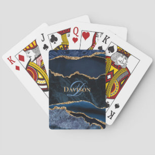 Navy Blue Agate Geode Gold Glitter Monogram Playing Cards