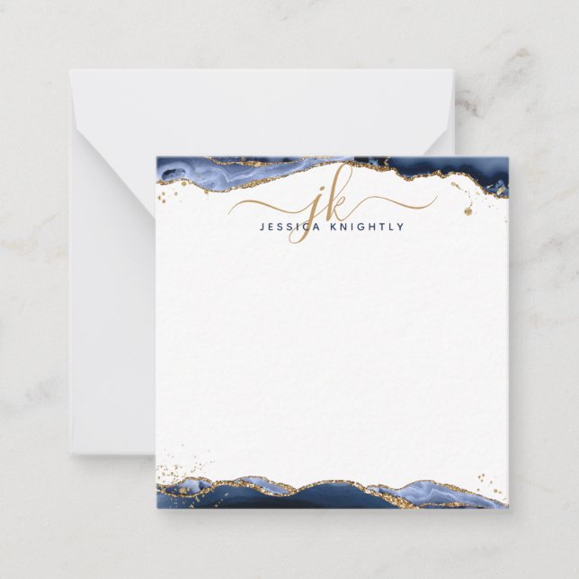 Navy Blue Agate Geode Gold Glitter Script Monogram Card (Front)