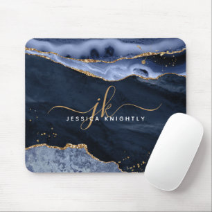 Navy Blue Agate Geode Gold Glitter Script Monogram Mouse Pad