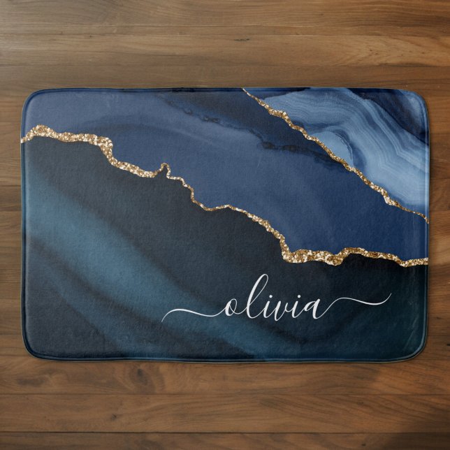 Navy Blue Agate Geode Gold Monogram Bath Mat (Creator Uploaded)