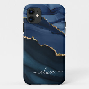 Navy Blue Agate Geode Gold Monogram iPhone 11 Case