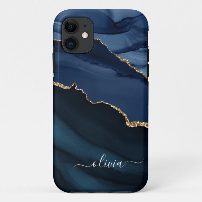 Navy Blue Agate Geode Gold Monogram Case-Mate iPhone Case (Back)