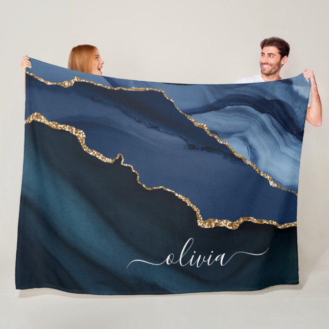 Navy Blue Agate Geode Gold Monogram Fleece Blanket (In Situ)