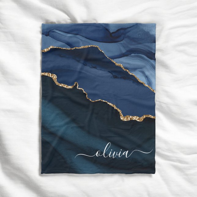 Navy Blue Agate Geode Gold Monogram Fleece Blanket (Creator Uploaded)