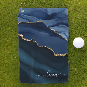 Navy Blue Agate Geode Gold Monogram Golf Towel