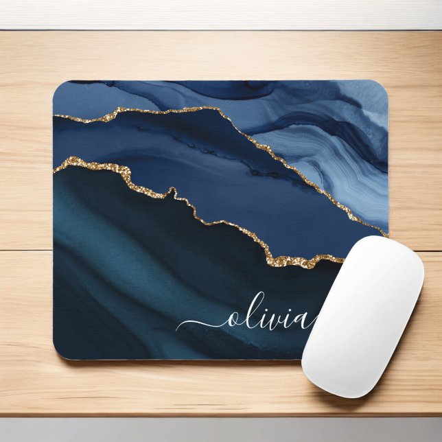 Navy Blue Agate Geode Gold Monogram Mouse Pad (Creator Uploaded)