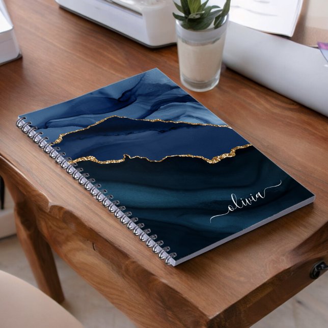 Navy Blue Agate Geode Gold Monogram Notebook (Creator Uploaded)