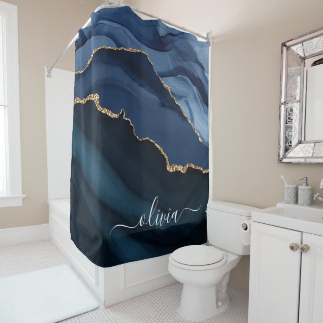 Navy Blue Agate Geode Gold Monogram Shower Curtain (In Situ)