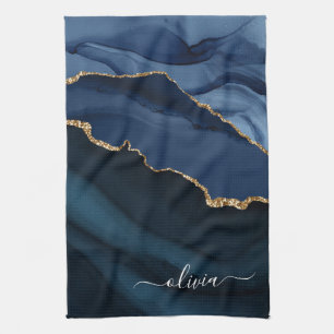 Navy Blue Agate Geode Gold Monogram Tea Towel