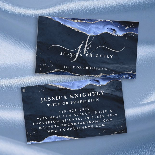 Navy Blue Agate Geode Monogram Silver Script Business Card (Creator Uploaded)