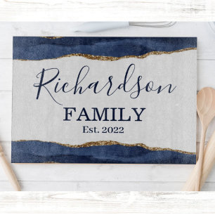 Navy Blue Agate Glitter Gold White Family Name Cut Cutting Board