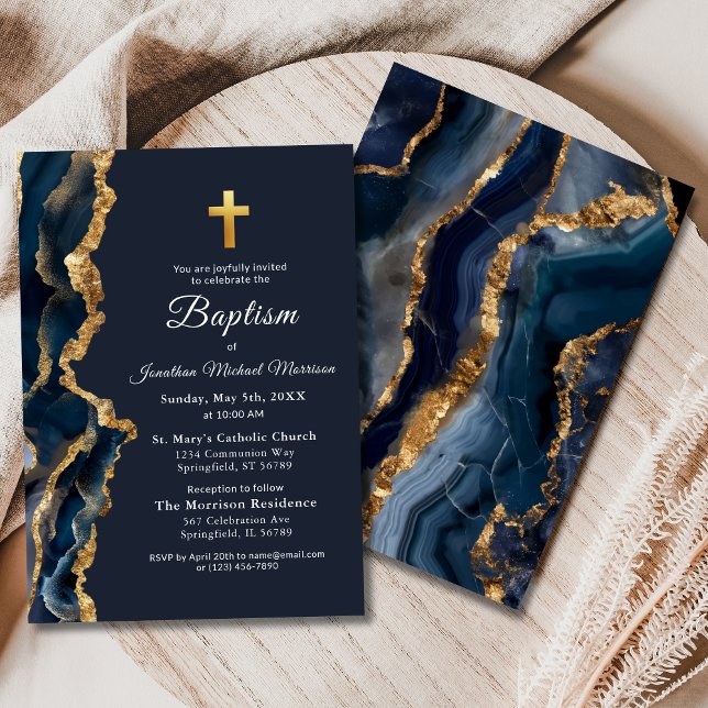 Navy Blue Agate Gold Baptism Modern Elegant Invitation (Creator Uploaded)