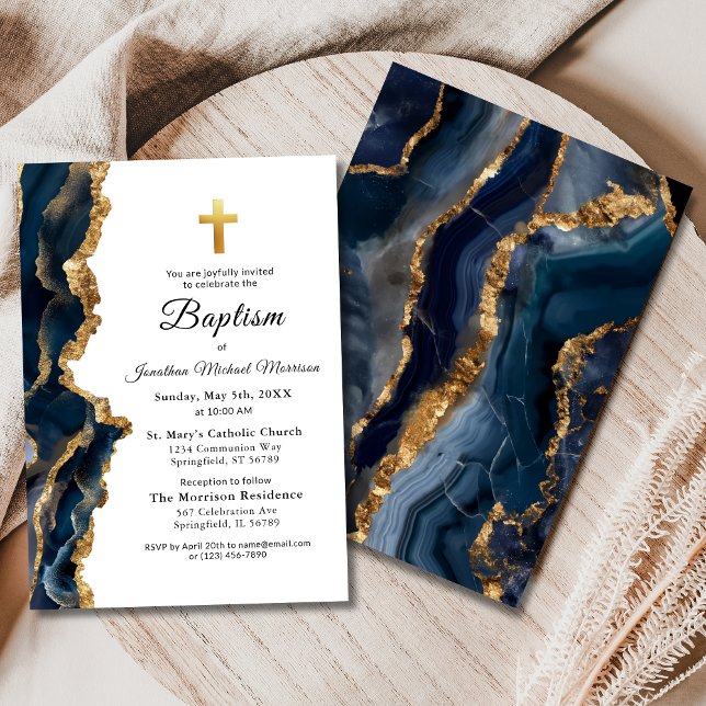 Navy Blue Agate Gold Baptism Modern Elegant Invitation (Creator Uploaded)