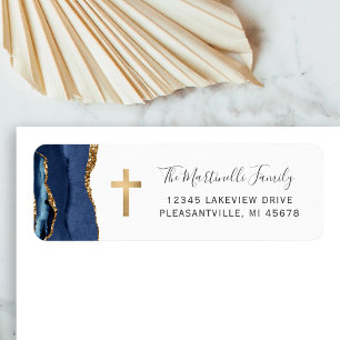 Navy Blue Agate Gold Cross Return Address Label