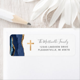 Navy Blue Agate Gold Cross Return Address Return Address Label