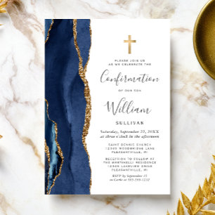Navy Blue Agate Gold Glitter Confirmation Invitation