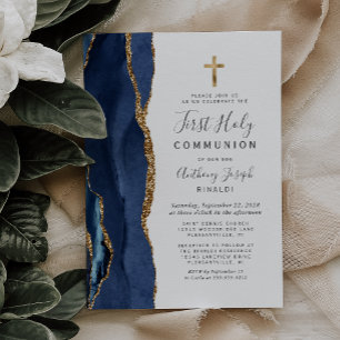 Navy Blue Agate Gold Glitter First Holy Communion Invitation