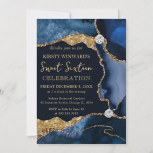 Navy Blue Agate & Gold Glitter Sweet Sixteen Invitation