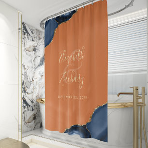 Navy Blue Agate Gold Rust Personalized Wedding Shower Curtain