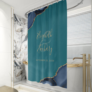 Navy Blue Agate Gold Teal Personalised Wedding Shower Curtain