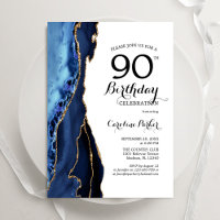 Navy Blue Agate Gold White 90th Birthday