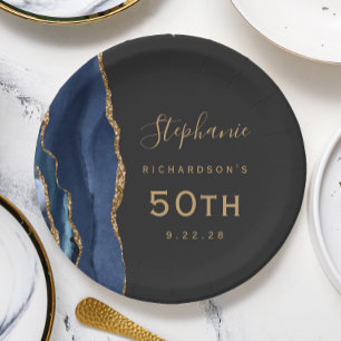 Navy Blue Agate Marble Gold Dark 50th Birthday Paper Plate
